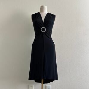 vintage Y2K black silver brooch high low midi dress
